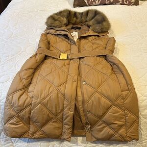 Talbots Brown Quilted Puffer Coat with Faux Fur Collar